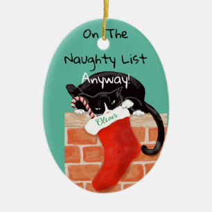 Funny Cat on the Naughty List Personalised Photo  Ceramic Tree Decoration