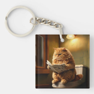 Funny Cat on Toilet   Quirky Bathroom Humour Key Ring