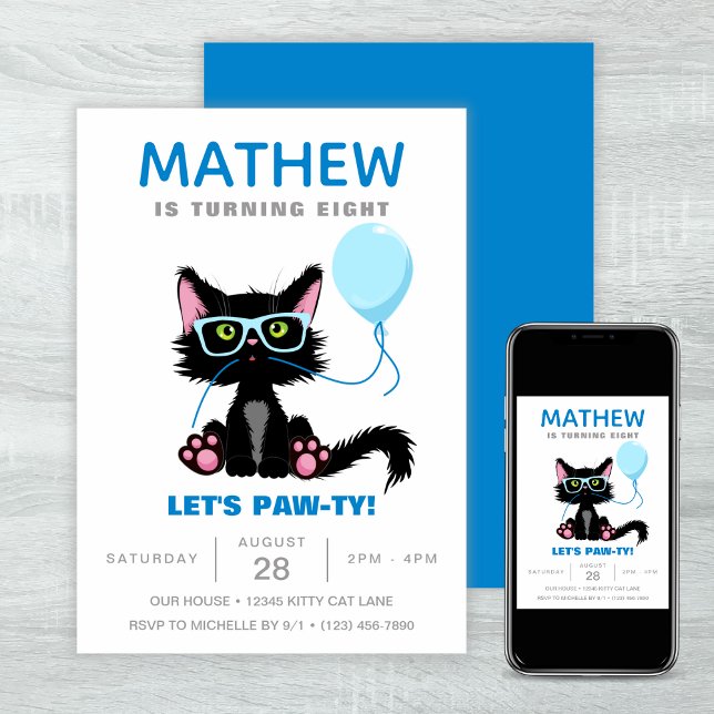 Funny Cat Party Kitten Balloons Kids Birthday Invitation (Funny Cat Party Kitten Balloons Kids Birthday Invitation)