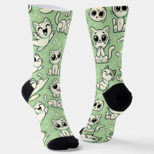 Funny Cat Pattern Socks - Light Green & White