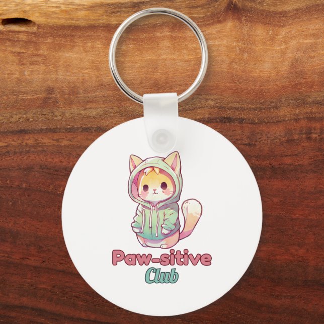 Funny Cat Paw‑sitive Club – Cute Hoodie Kitty Key Ring (Front)