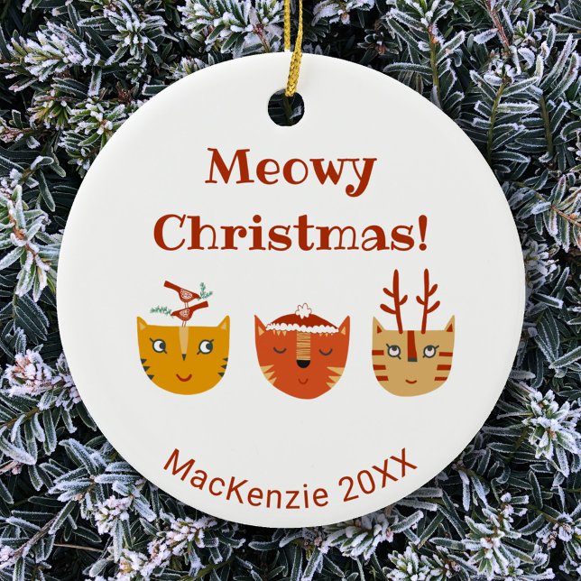 Funny Cat Personalised Christmas Ceramic Tree Decoration (Meowy Christmas personalized funny cat ceramic ornament)