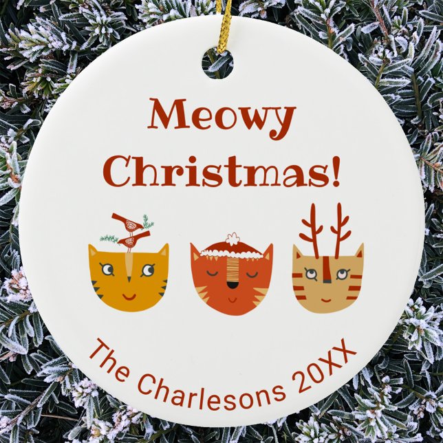 Funny Cat Personalized Christmas Ceramic Tree Decoration (Fun Meowy Christmas cats personalized name date ceramic holiday ornament)