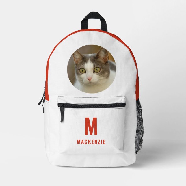 Funny Cat Pet Photo Orange Monogram Personalised Printed Backpack (Front)