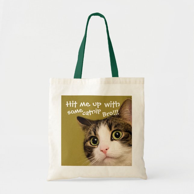 Funny Cat Photo Catnip Caption Tote Bag (Front)