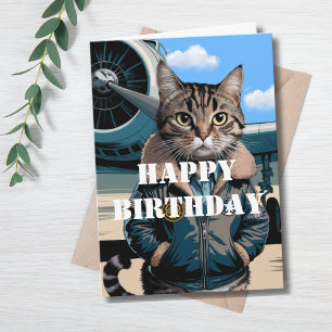 Funny Cat Pilot & Aeroplane, Cool Aviation Birthda Card