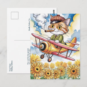 Funny Cat Pilot Birthday Biplane Plane Sunflowers Postcard