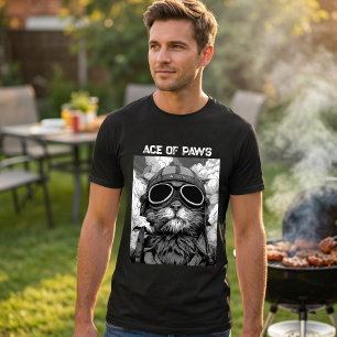 Funny Cat Pilot Smoking a Cigar Black and White T-Shirt