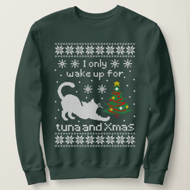 Funny Cat Pixel Knit Ugly Christmas Sweatshirt (Design Front)