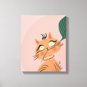 Funny Cat Plant Leaf Cartoon Canvas Print