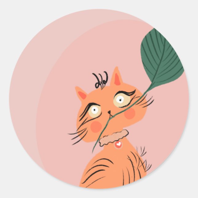  Funny Cat Plant Leaf Cartoon  Classic Round Sticker (Front)
