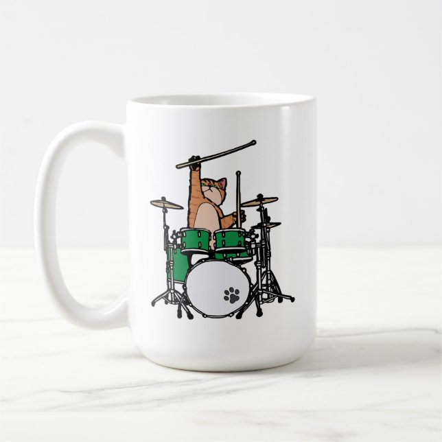 Funny Cat Playing Drums, Cat Drummer, Drummer Gift Coffee Mug (Left)