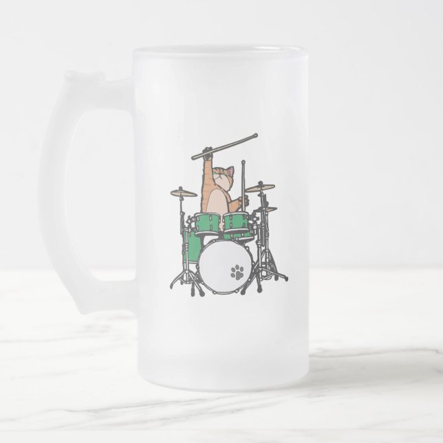 Funny Cat Playing Drums, Cat Drummer, Drummer Gift Frosted Glass Beer Mug (Left)