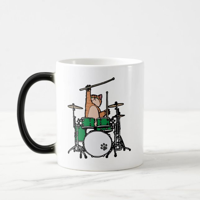 Funny Cat Playing Drums, Cat Drummer, Drummer Gift Magic Mug (Left)