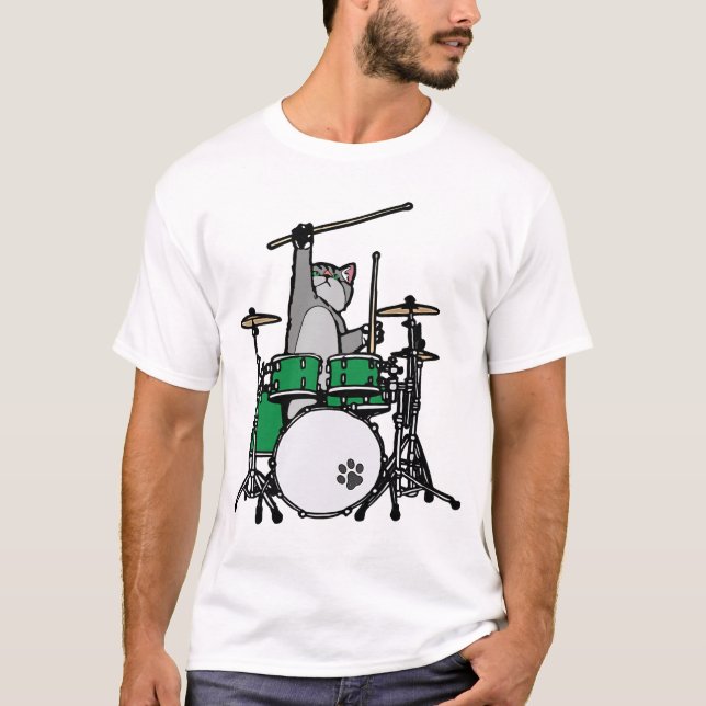 Funny Cat Playing Drums, Cat Drummer, Drummer Gift T-Shirt (Front)