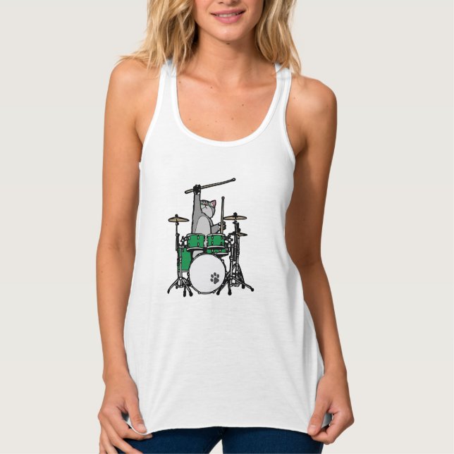 Funny Cat Playing Drums, Cat Drummer Singlet (Front)