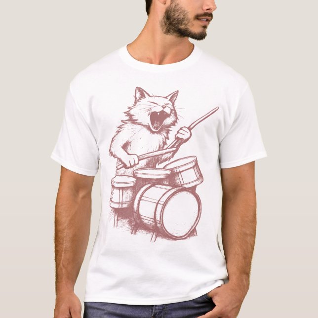 Funny Cat Playing Drums Drumming Drummer Music T-Shirt (Front)