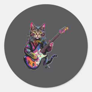Funny Cat Playing Guitar Rock And Roll Men Women K Classic Round Sticker