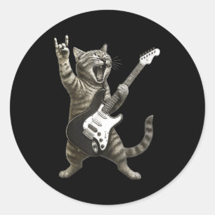 Funny Cat Playing Guitar Rock And Roll Men Women K Classic Round Sticker