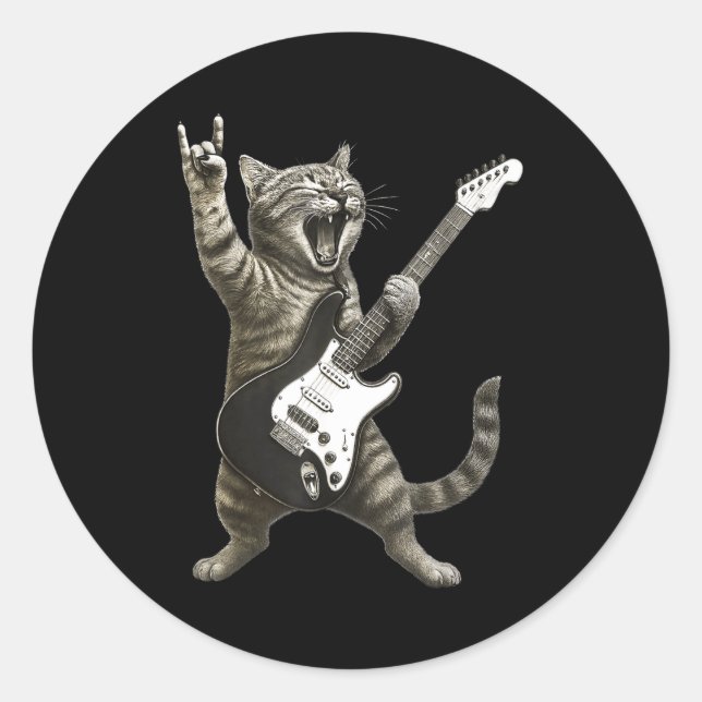 Funny Cat Playing Guitar Rock And Roll Men Women K Classic Round Sticker (Front)