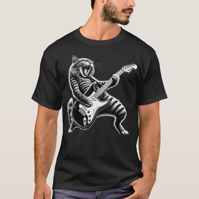 Funny Cat Playing Guitar Rock T-Shirt (Front)