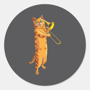 Funny Cat Playing Trombone Gift Cool Kitten Musici Classic Round Sticker