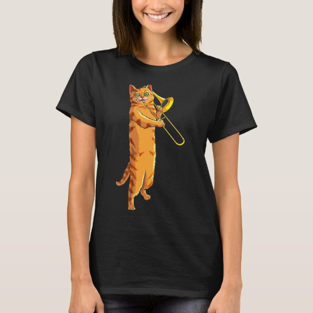 Funny Cat Playing Trombone Gift Cool Kitten Musici T-Shirt (Front)