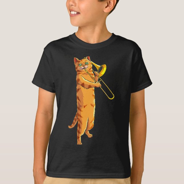 Funny Cat Playing Trombone Gift Cool Kitten Musici T-Shirt (Front)
