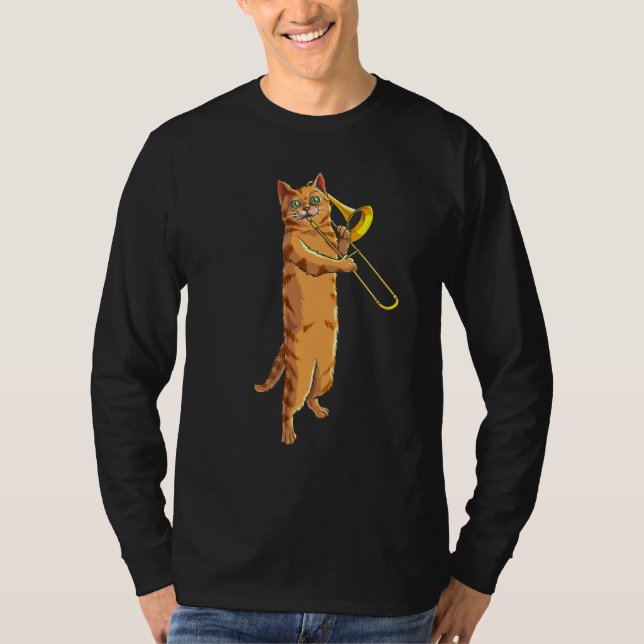Funny Cat Playing Trombone Gift Cool Kitten Musici T-Shirt (Front)