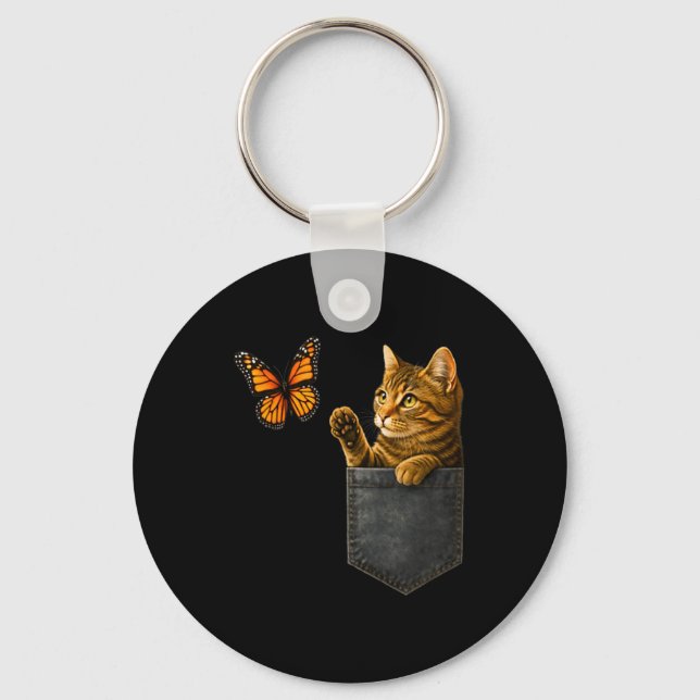 Funny Cat Playing With Butterfly Cat In Pocket Key Ring (Front)