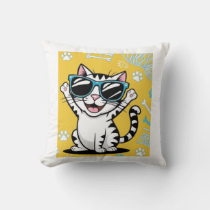 Funny Cat Poster, Cartoon cat wearing sunglasses  Cushion