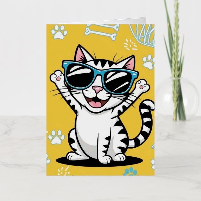 Funny Cat Poster, Cartoon cat wearing sunglasses  Foil Greeting Card (Front)