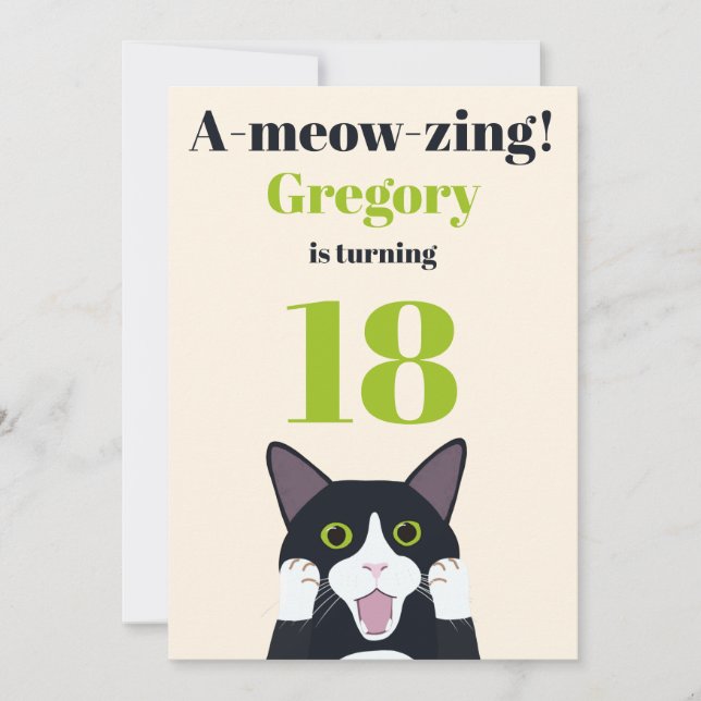 Funny cat pun 18th birthday party invitation (Front)