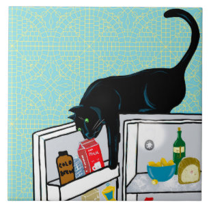 Funny Cat Raids Fridge Art Tile