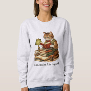 Funny Cat Reading Books Sweatshirt – Retro Design