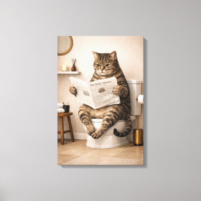 Funny Cat Reading Newspaper Bathroom Humour Canvas Print (Front)