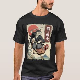Funny Cat Riding Chicken Japanese Ukiyo-e Art Samu T-Shirt