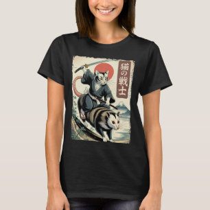 Funny Cat Riding Opossum Japanese Ukiyo-e Art Samu T-Shirt
