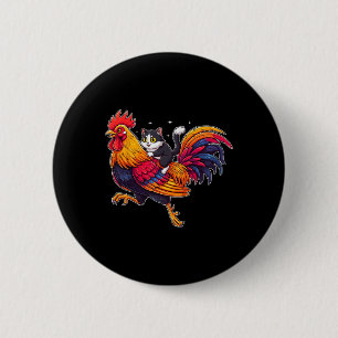 Funny Cat Riding Rooster Chicken Cute Farm Animal 6 Cm Round Badge