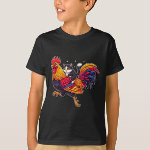 Funny Cat Riding Rooster Chicken Cute Farm Animal  T-Shirt