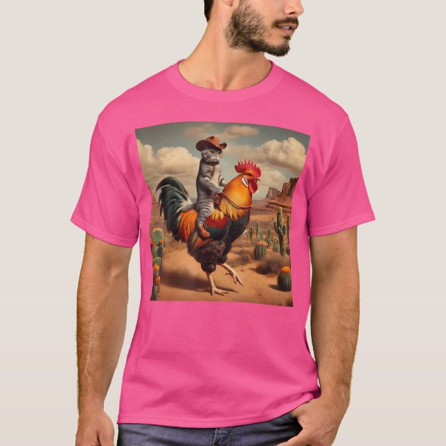 Funny Cat Riding Rooster Cowboy Rodeo Cat Riding C T-Shirt (Front)