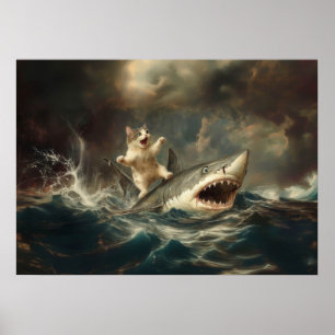 Funny Cat Riding Shark Poster