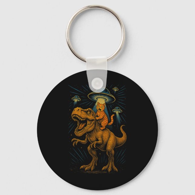 Funny Cat Riding T-rex Dinosaur Graphic  Key Ring (Front)