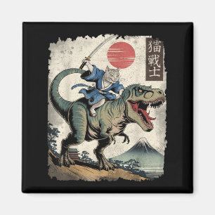 Funny Cat Riding T Rex Japanese Ukiyo-e Art Magnet