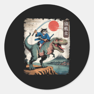 Funny cat riding t rex japanese ukiyo-e art samura classic round sticker