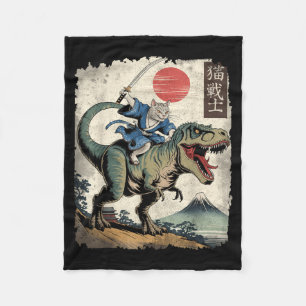 Funny cat riding t rex japanese ukiyo-e art samura fleece blanket