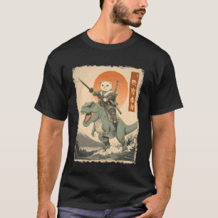Funny Cat Riding T-Rex Japanese Ukiyo-e Art Samura T-Shirt