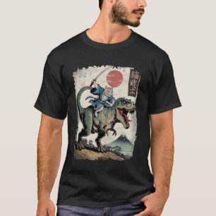 Funny Cat Riding T Rex Japanese Ukiyo-e Art Samura T-Shirt