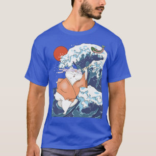 Funny Cat Samurai  Wave Ocean Fish  Japanese Cat   T-Shirt