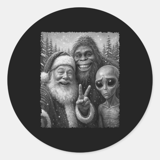 Funny Cat Santa Bigfoot Alien Christmas Selfie Tee Classic Round Sticker (Front)